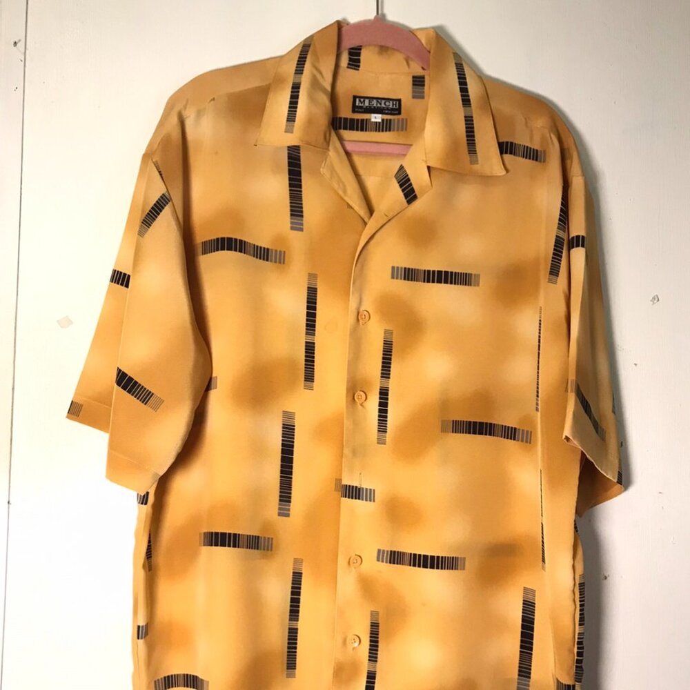 Vtg Mench Platinum Shirt Men Large Black Gold Geometric Button Up Polyester Camp
